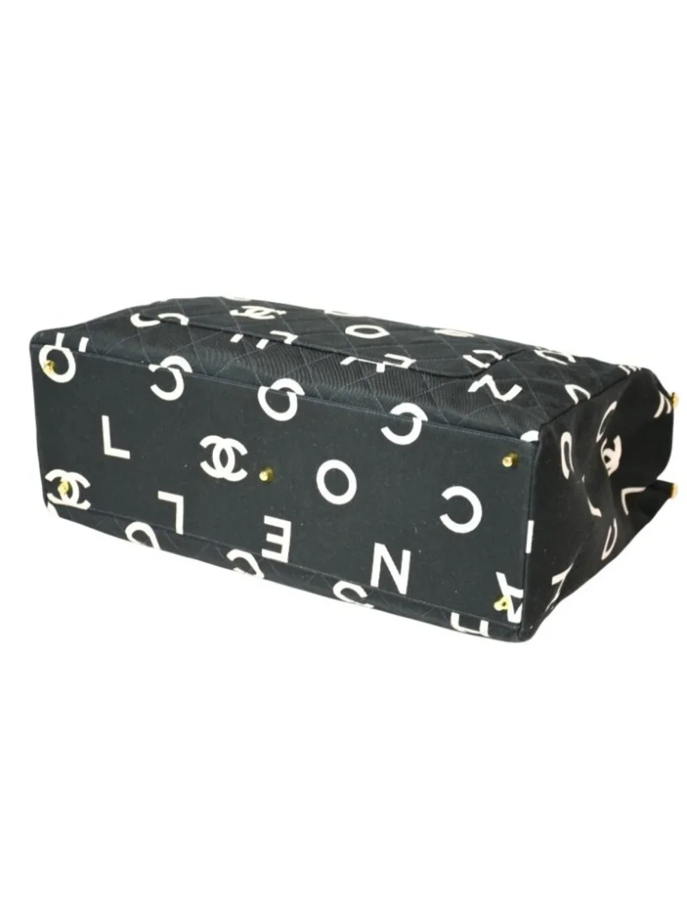 Chanel Handbag Quilted Black White Cotton Canvas Gold